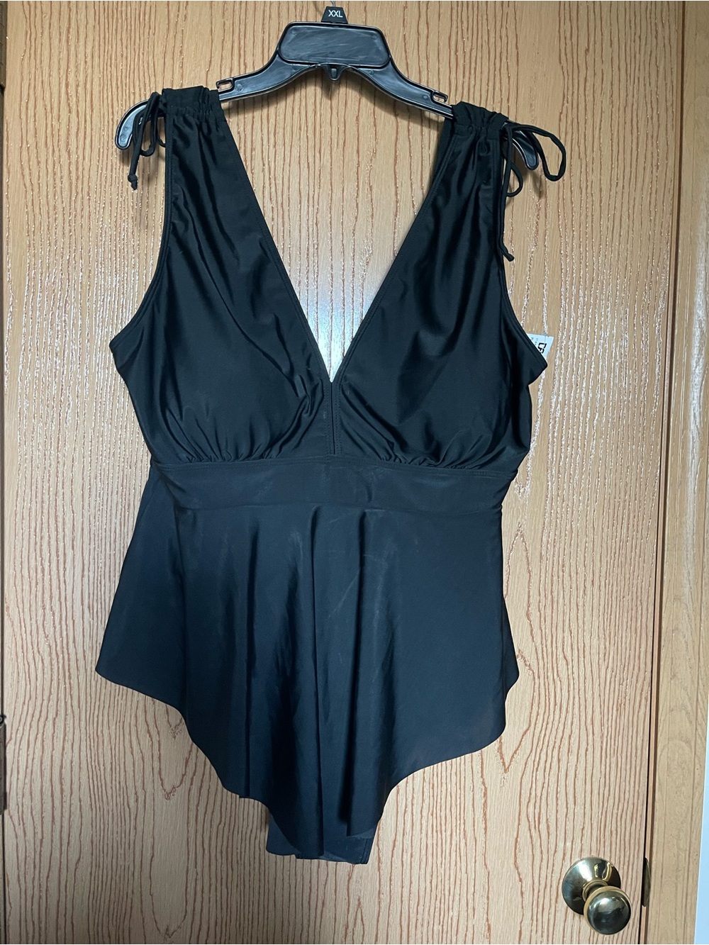 Black Deep V One-Piece Swimsuit with Tie Shoulder